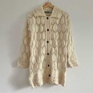 NWT Aran Crafts Cable Knit Long Cardigan Cream Merino Wool Ireland Crochet Small